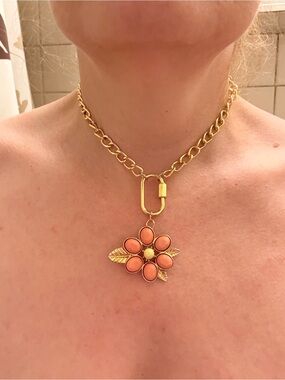 Hand-crafted Gold Chain Necklace with Coral Flower Pendant - Women Jewelry